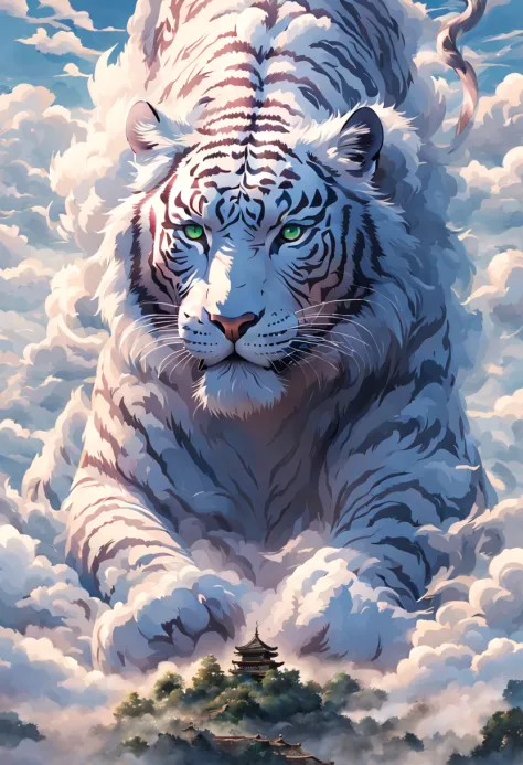 In the center of the canvas，A majestic white tiger is looking up into the distance with an elegant and majestic attitude。Its bod...