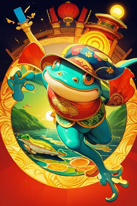 China-style，National tide，frogs，Lunette de soleil，anthropomorphic turtle，Bright colors，Dramatic background