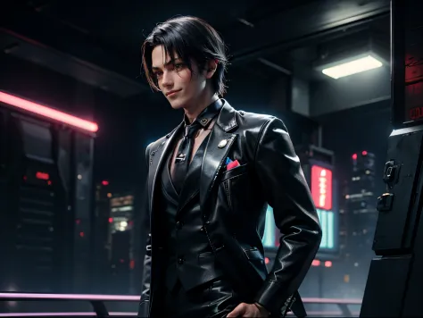 Gentleman with black hair smiling gently、Navy suit、Navy tie、Standing, fullllbody, Cyberpunk futuristic city with neon lights