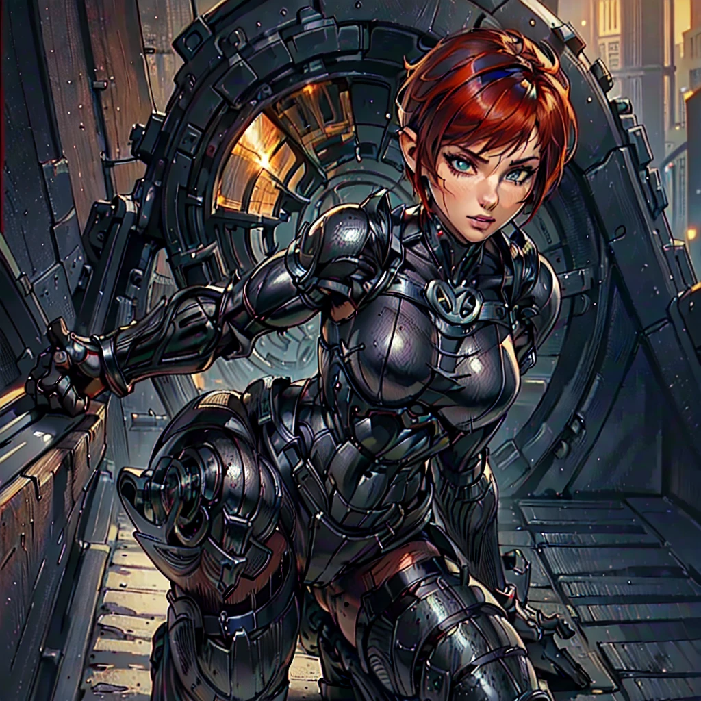 (SamanthaSaintQuiron, woman), dynamic pose, ((full body)), ((Black matte armor, )), (masterpiece, best quality), (detailed skin:1.3, detailed face:1.3), dslr,, ( Red Head, Very Short Hair, Pixie Cut:1.2), Green Eyes, Mascara, High resolution, Ultra-pointu, 16k, Masterpiece, from side,