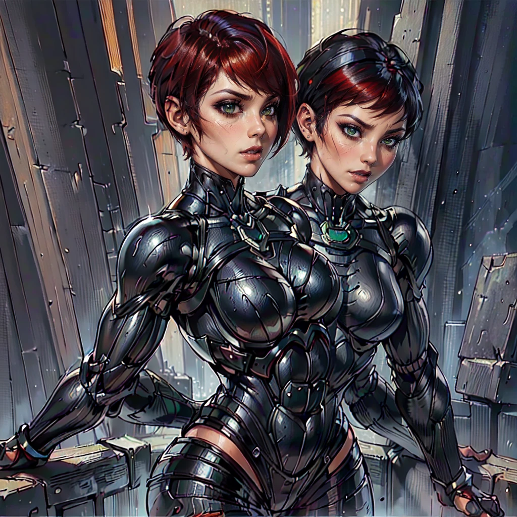 (SamanthaSaintQuiron, woman), dynamic pose, ((full body)), ((Black matte armor, )), (masterpiece, best quality), (detailed skin:1.3, detailed face:1.3), dslr,, ( Red Head, Very Short Hair, Pixie Cut:1.2), Green Eyes, Mascara, High resolution, Ultra-pointu, 16k, Masterpiece, three sided view,