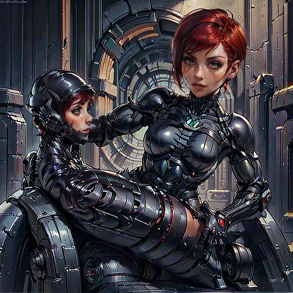 (SamanthaSaintQuiron, woman), dynamic pose, ((full body)), ((Black matte armor, )), (masterpiece, best quality), (detailed skin:1.3, detailed face:1.3), dslr,, ( Red Head, Very Short Hair, Pixie Cut:1.2), Green Eyes, Mascara, High resolution, Ultra-pointu, 16k, Masterpiece, three sided view,