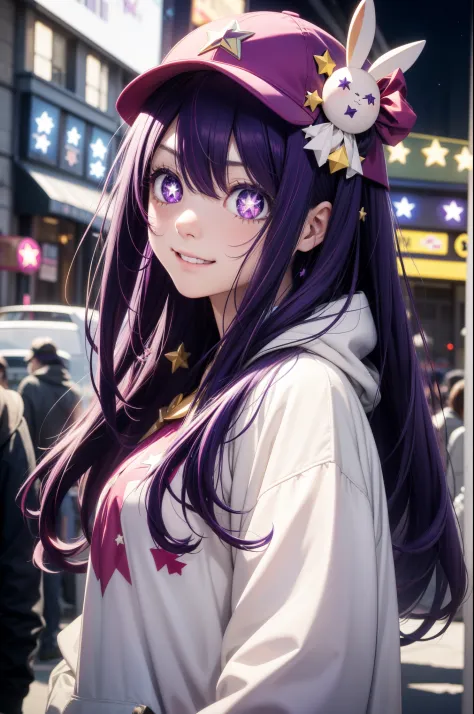 ai hoshino, hair between eyes,  long hair, one side up, (purple eyes:1.1), purple hair, rabbit hair ornament, (star-shaped pupil...