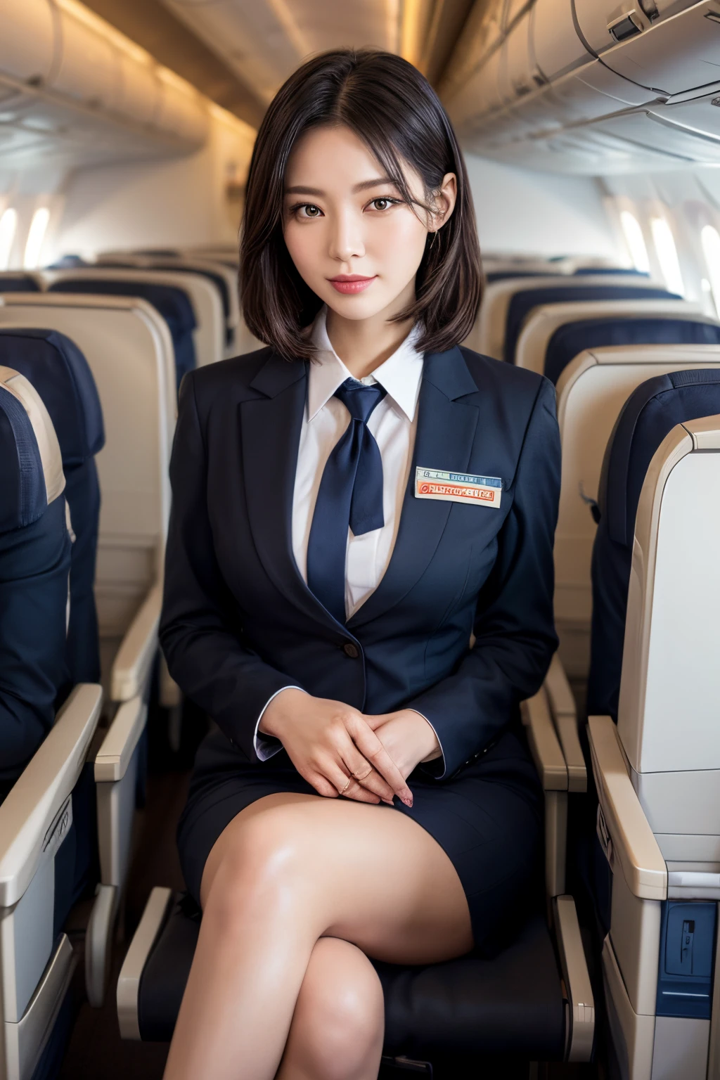 1 woman, 20 years、African Woman, hyperdetailed face、Detailed lips、A detailed eye、double eyelid、(Black bob hair、Like an airplane stewardess々Do a good job)、(Stewardess uniform:1.2)、(Glamorous body)、Smile、thighs thighs thighs thighs, Perfect fit, Perfect image realism, Background with: (Business Class aisle on airplanes:1.2), Cowboy Shot, Meticulous background, detailed costume, Perfect Lighting、Hyper-Realism、(Photorealistic:1.4)、8K maximum resolution, (​masterpiece), Highly detailed, Professional