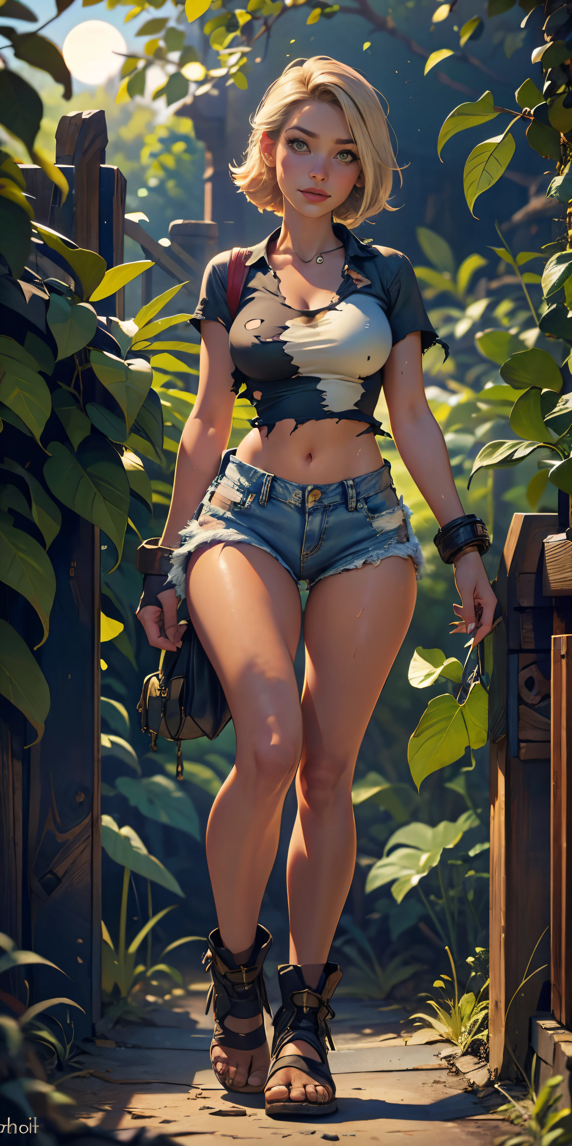 2076 year. N.uh. The Urban Ruins of the Wasteland, Female huntress picking fruit in the garden, beautiful face, torn shirt and denim shorts ,  long legs, sweating through, sun rising, Nice warm colors, head to toe full body shot