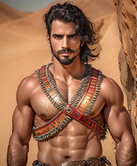 retrato de un joven, muscular very handsome and attractive arabian warrior, frente a un desierto de arena, barba delineada, cuer...