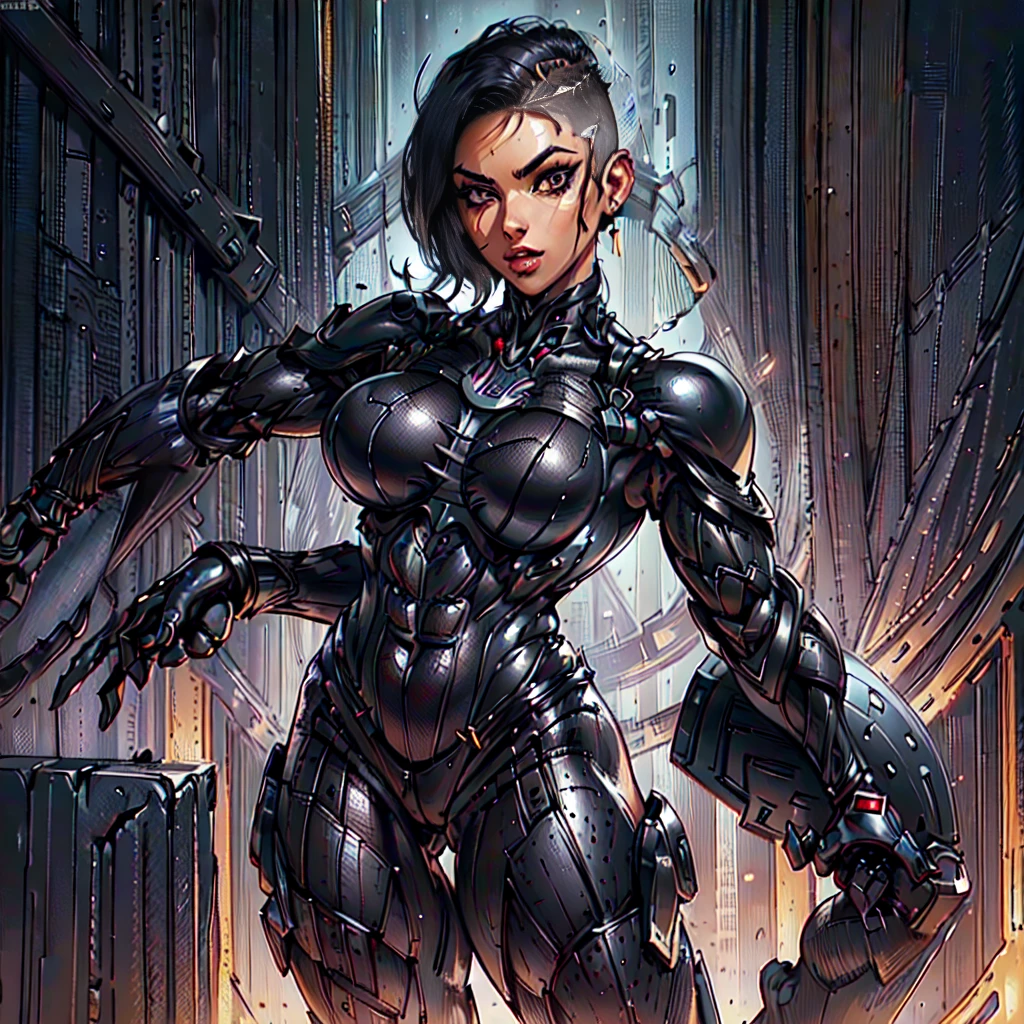 (Juelzventura woman), dynamic pose, ((full body)), ((Black matte armor, )), (masterpiece, best quality), (detailed skin:1.3, detailed face:1.3), dslr,, ( Black hair), (half_buzzcut_hairstyle)), Brown Eyes, Mascara, High resolution, Ultra-pointu, 16k, Masterpiece, three sided view,