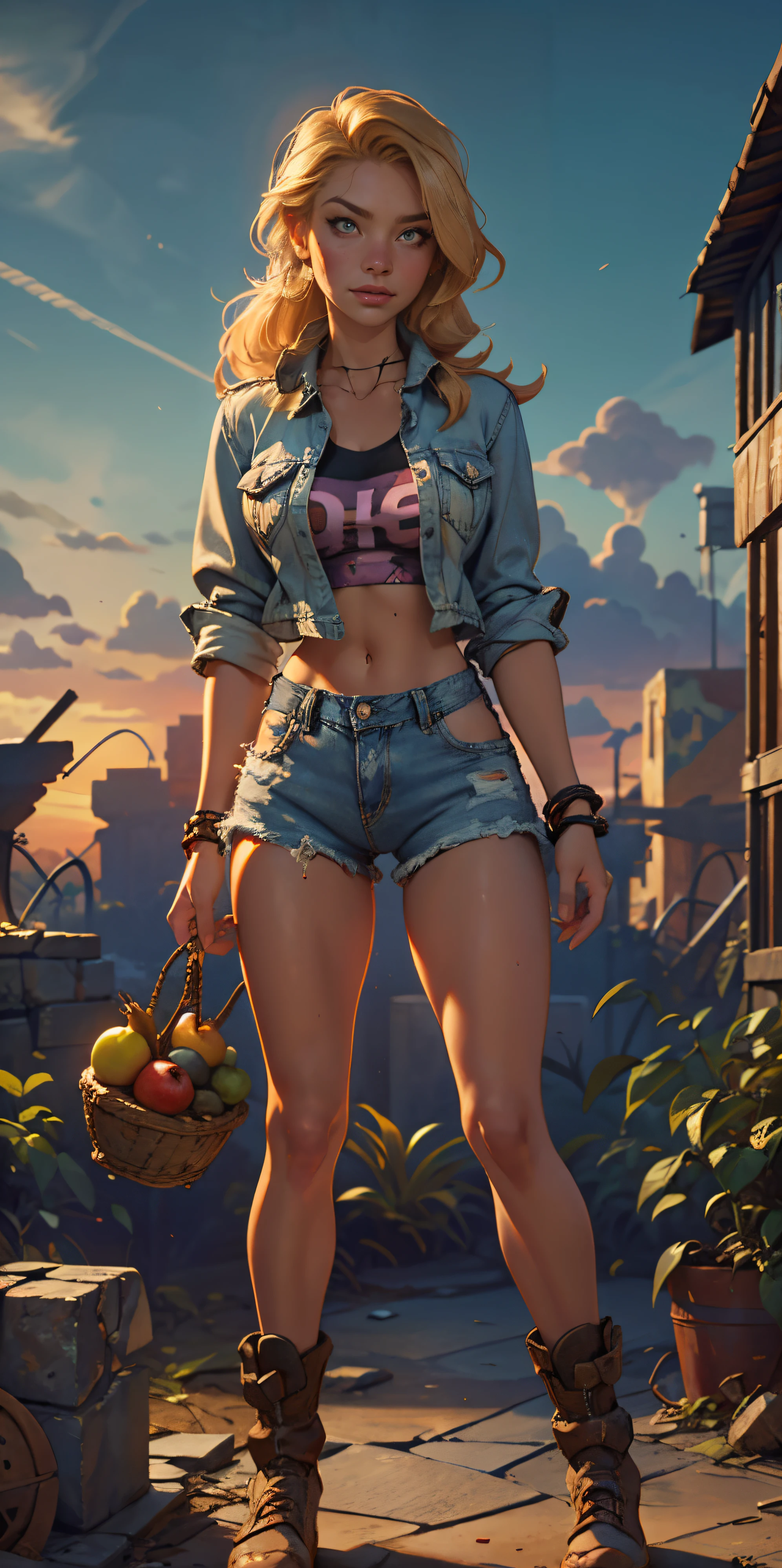 2076 year. The Urban Ruins of the Wasteland, Female huntress picking fruit in the garden, beautiful face, blonde, torn shirt and denim shorts ,  long legs, sweating through, sun rising, Nice warm colors, head to toe full body shot