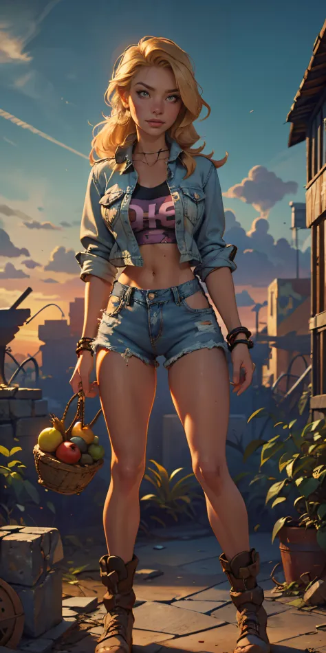 2076 year. The Urban Ruins of the Wasteland, Female huntress picking fruit in the garden, beautiful face, blonde, torn shirt and...