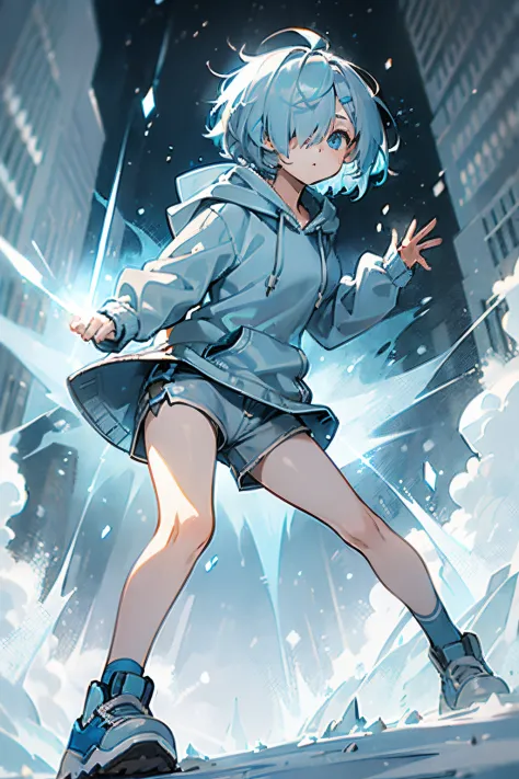(((short light blue haired girl))), (((hair covers her right eye))), hair over one eye, light blue eyes, (((blue oversized hoodie))), (((grey shorts))), light blue shoes, in a snowy park, petite girl, cool action pose, ice powers, 1girl, lens flare, fight ...