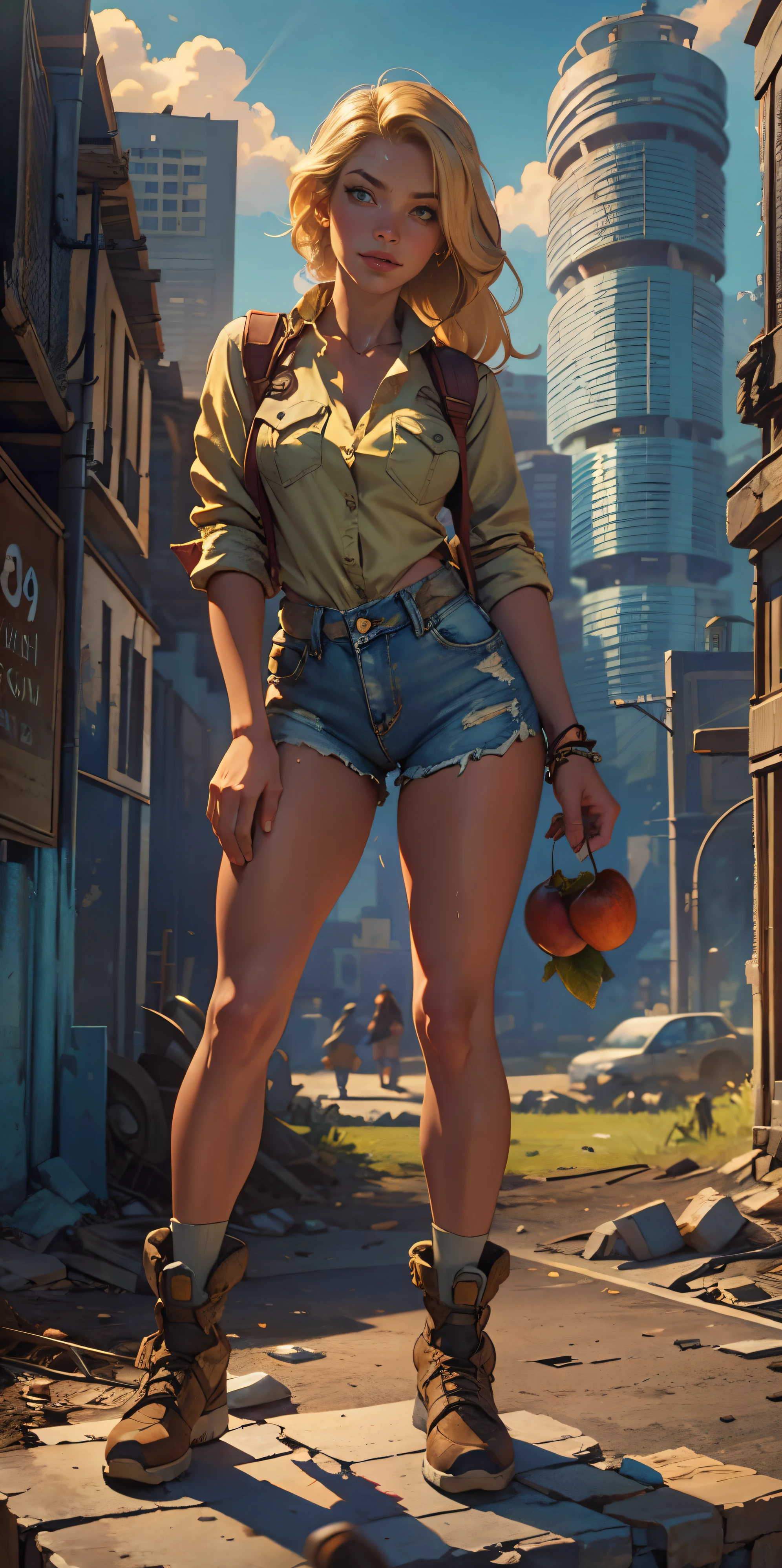 2076 year. The Urban Ruins of the Wasteland, Female huntress picking fruit in the garden, beautiful face, blonde, badly torn shirt and denim shorts ,  long legs, sweating through, sun rising, Nice warm colors, head to toe full body shot