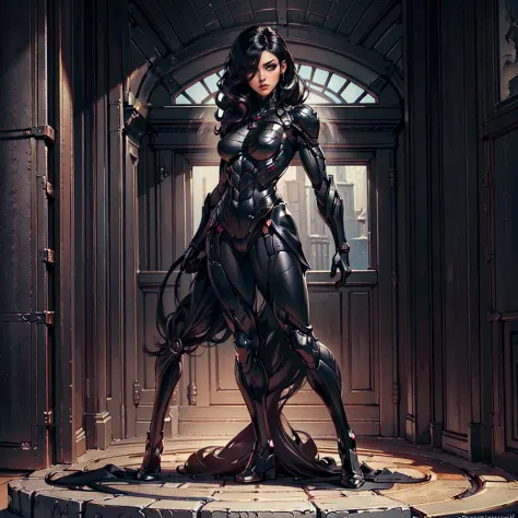 (Petaj, woman), dynamic pose, ((full body)), ((Black matte armor, )), (masterpiece, best quality), (detailed skin:1.3, detailed ...