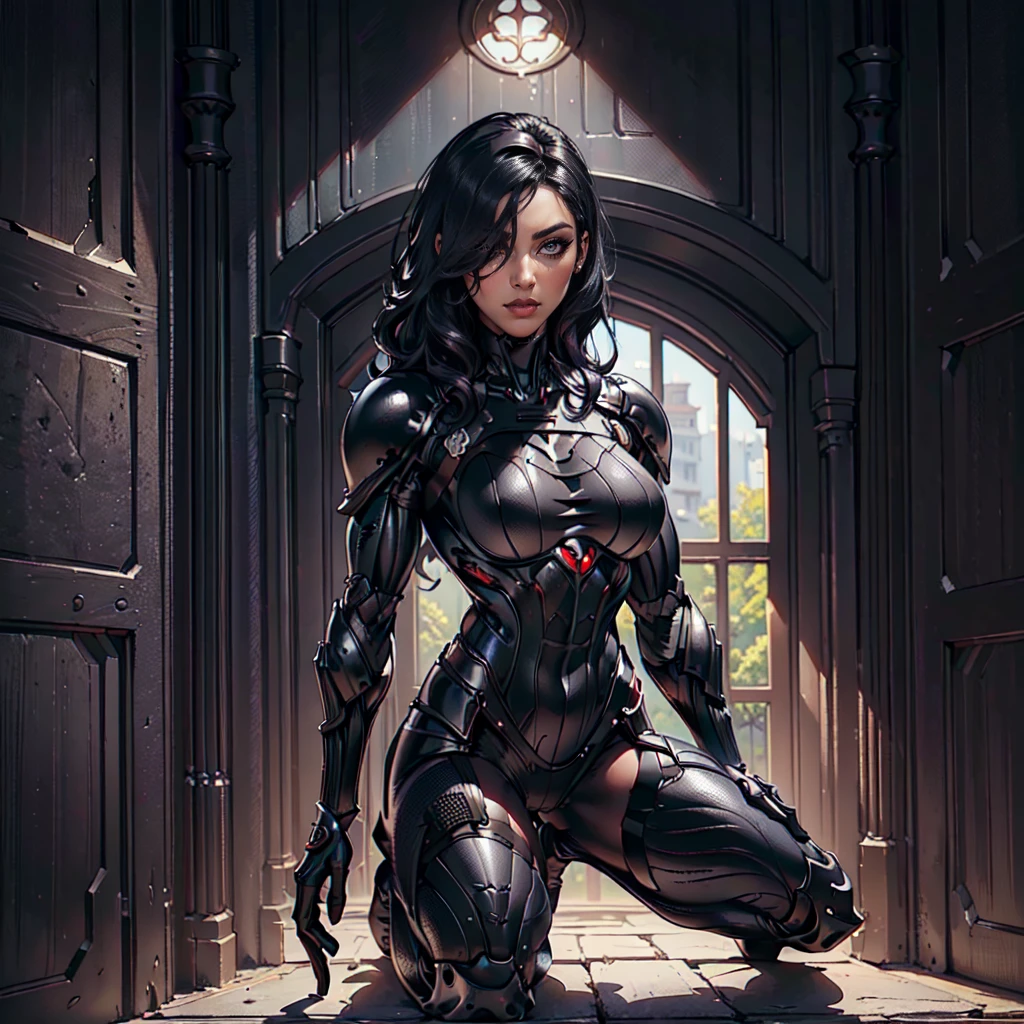 (Petaj, woman), dynamic pose, ((full body)), ((Black matte armor, )), (masterpiece, best quality), (detailed skin:1.3, detailed face:1.3), dslr,, (((hair over one eye))), (big hair1.2)), black hair), Grey Eyes, Mascara, Eyeliner, High resolution, Ultra-pointu, 16k, Masterpiece, three sided view,