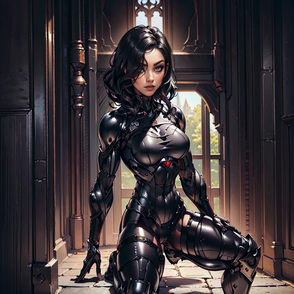 (Petaj, woman), dynamic pose, ((full body)), ((Black matte armor, )), (masterpiece, best quality), (detailed skin:1.3, detailed face:1.3), dslr,, (((hair over one eye))), (big hair1.2)), black hair), Grey Eyes, Mascara, Eyeliner, High resolution, Ultra-pointu, 16k, Masterpiece, three sided view,