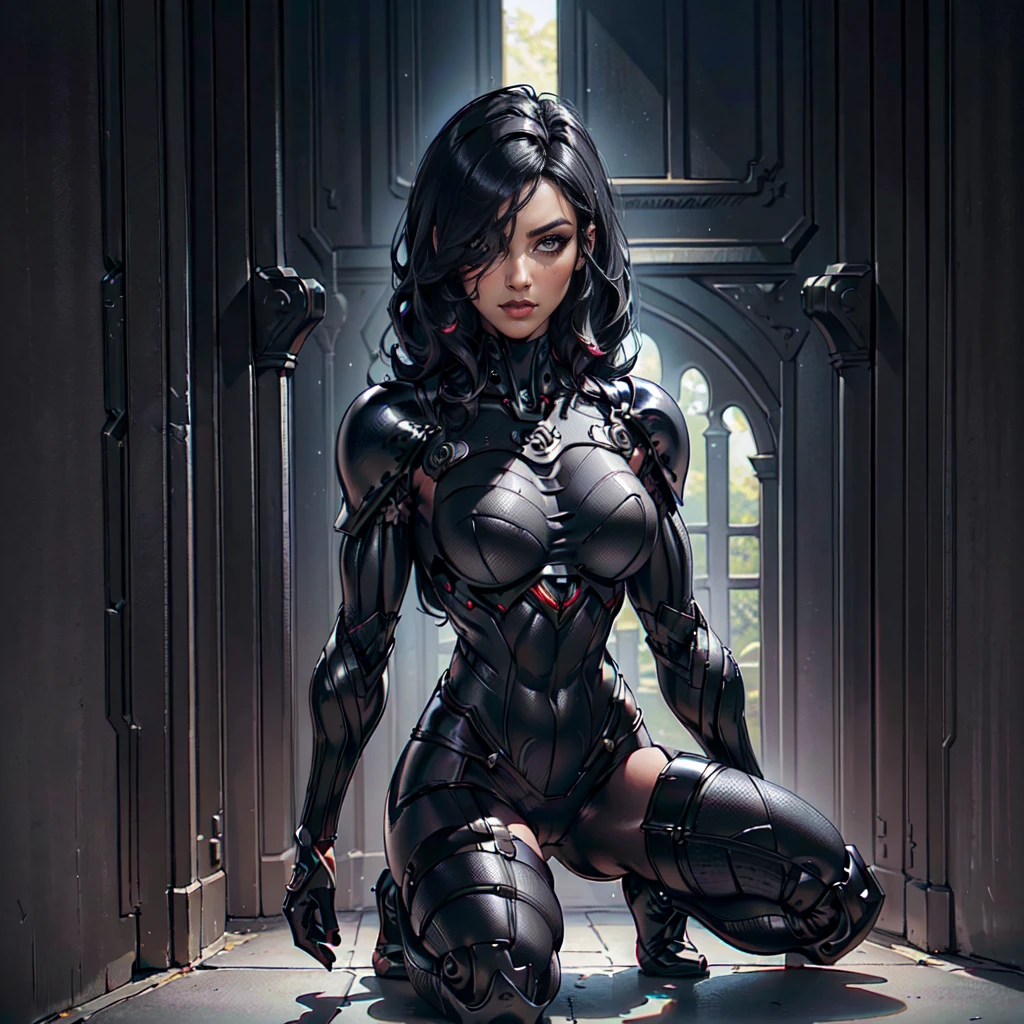 (Petaj, woman), dynamic pose, ((full body)), ((Black matte armor, )), (masterpiece, best quality), (detailed skin:1.3, detailed face:1.3), dslr,, (((hair over one eye))), (big hair1.2)), black hair), Grey Eyes, Mascara, Eyeliner, High resolution, Ultra-pointu, 16k, Masterpiece, three sided view,