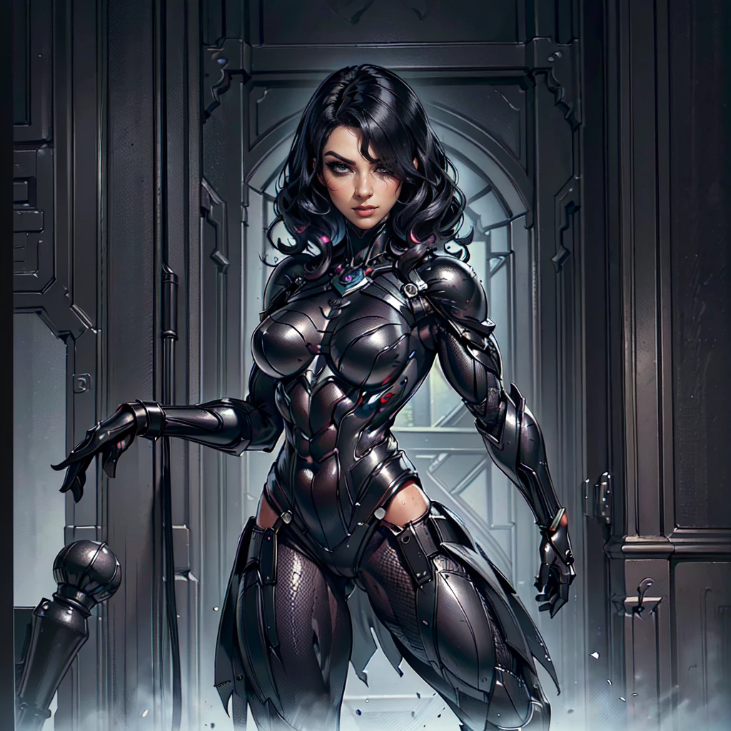 (Petaj, woman), dynamic pose, ((full body)), ((Black matte armor, )), (masterpiece, best quality), (detailed skin:1.3, detailed face:1.3), dslr,, (((hair over one eye))), (big hair1.2)), black hair), Grey Eyes, Mascara, Eyeliner, High resolution, Ultra-pointu, 16k, Masterpiece, three sided view,