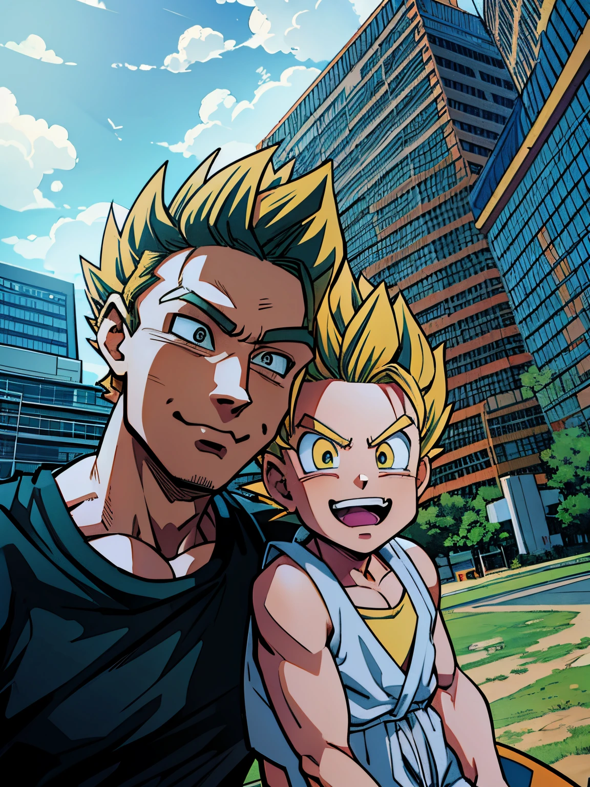 there is a man and a boy that are standing together,super saiyan, yellow hair,super saiyan goku, super sayan, super sayian goku, super saiyan 3, going super saiyan, dragon ball concept art, dragon ball artstyle, 4 k manga wallpaper, goku from dragon ball, an epic anime of a energy man, 4k anime wallpaper,((close mouth:1.3)),