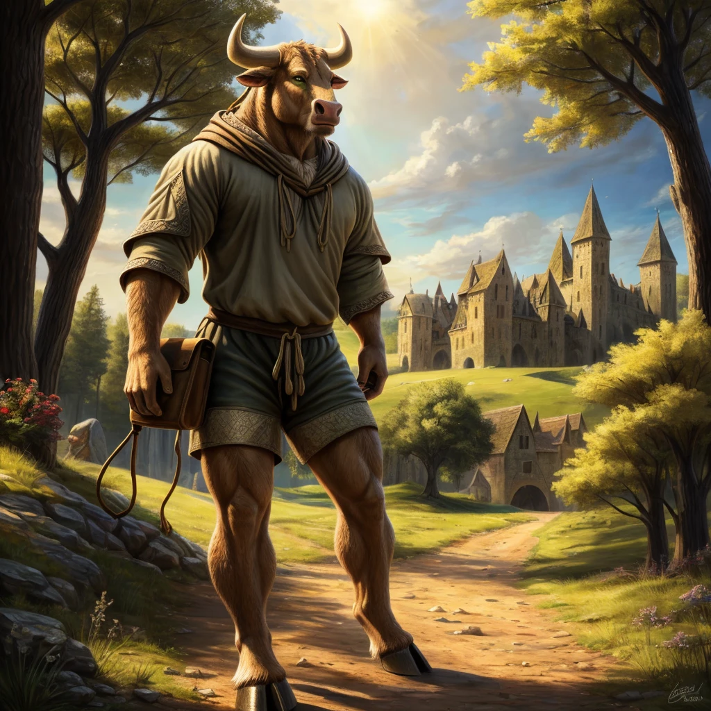 an anthro bull walking along a dirt road during the day, ((nj5furry, solo, walking, masterpiece, anthro, male, bull-face, medium-length horns, tan colored horns: 1.5, bovine tail: 1.2, muscled body, hooves, tan colored hooves: 1.2, two-tone fur, detailed fur, brown and white furred body, small leather satchel)), calm expression, (green eyes, (loose medieval tan drawstring shorts: 1.4, loose medieval shirt: 1.4)), grasslands background, small village background, large tree background, (animals: 0.0, people: 0.0), best quality,4k,8k,highres,masterpiece:1.2), ultra-detailed,(realistic,photorealistic,photo-realistic:1.37),drawn with colored pencils, richly detailed, traditional style landscapes, scenic beauty, green grass, beautifully detailed trees, fine textures, soft and vibrant colors, sunlit atmosphere, tranquil and peaceful ambiance, impressionistic brush strokes, focus on foreground and background, depth and perspective, ethereal lighting effects