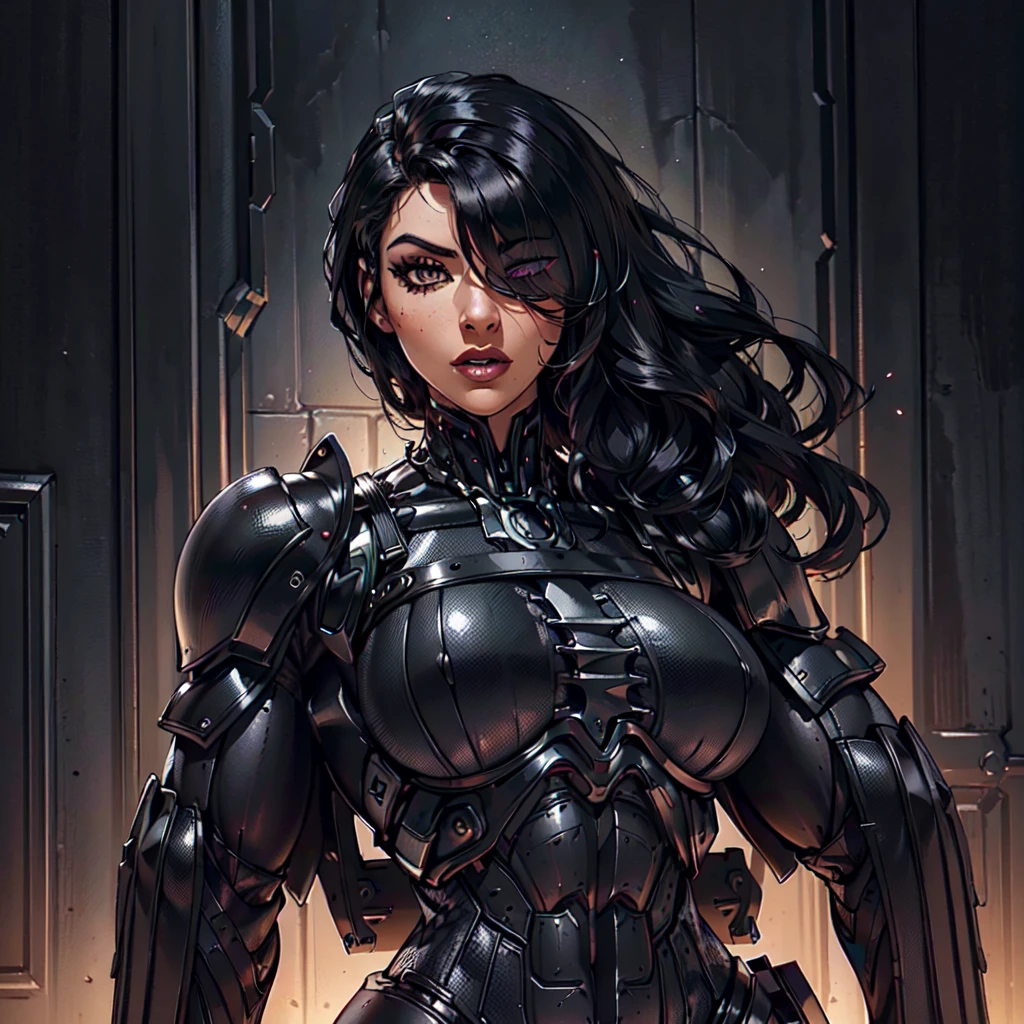 (Petaj, woman), dynamic pose, ((full body)), ((Black matte armor, )), (masterpiece, best quality), (detailed skin:1.3, detailed face:1.3), dslr,, (((hair over one eye))), (big hair1.2)), black hair), Grey Eyes, Mascara, Eyeliner, High resolution, Ultra-pointu, 16k, Masterpiece, from side,