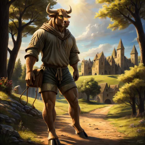 an anthro bull walking along a dirt road during the day, ((nj5furry, solo, walking, masterpiece, anthro, male, bull-face, medium...
