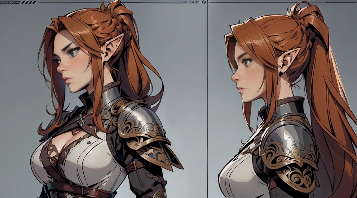 extremely detailed 8k wallpaper, Ultrarealistic, highres, masterpiece, ultra-detailed, high resolution, smooth, video game cut scene, close up, various angles, 1 young female elf warrior with a very detailed long hair, ((intricate hairstyle:1.3)), half up half down pony tail, (((ginger hair))), pale skin, wearing ripped leather armor, damaged armor, a short sword is her weapon, detailed face, focus on face, video game cut scene, smooth, Insanely detailed, (Character Concept Art), (Grey Background:1.4), (Character Sheet:1.6), Character Sketch, Stylized Digital Arts, Bits of Color, Masterpiece, Hand Drawn Sketch, (Realistic Drawing:1.4), High Detail, (Mix of Bold Dark Lines and Loose Lines), Bold Lines, Writings, Arcane Symbols, Runes, Intricate Artwork, 8k, anime, award wining, masterpiece, super detail, detailed background, anatomically correct, best quality, 16k , （tmasterpiece：1.3), extremely Clear