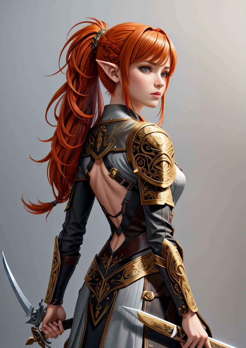 extremely detailed 8k wallpaper, Ultrarealistic, highres, masterpiece, ultra-detailed, high resolution, smooth, video game cut scene, close up, various angles, 1 young female elf warrior with a very detailed long hair, ((intricate hairstyle:1.3)), half up half down pony tail, (((ginger hair))), pale skin, wearing ripped leather armor, damaged armor, a short sword is her weapon, detailed face, focus on face, video game cut scene, smooth, Insanely detailed, (Character Concept Art), (Grey Background:1.4), (Character Sheet:1.6), Character Sketch, Stylized Digital Arts, Bits of Color, Masterpiece, Hand Drawn Sketch, (Realistic Drawing:1.4), High Detail, (Mix of Bold Dark Lines and Loose Lines), Bold Lines, Writings, Arcane Symbols, Runes, Intricate Artwork, 8k, anime, award wining, masterpiece, super detail, detailed background, anatomically correct, best quality, 16k , （tmasterpiece：1.3), extremely Clear