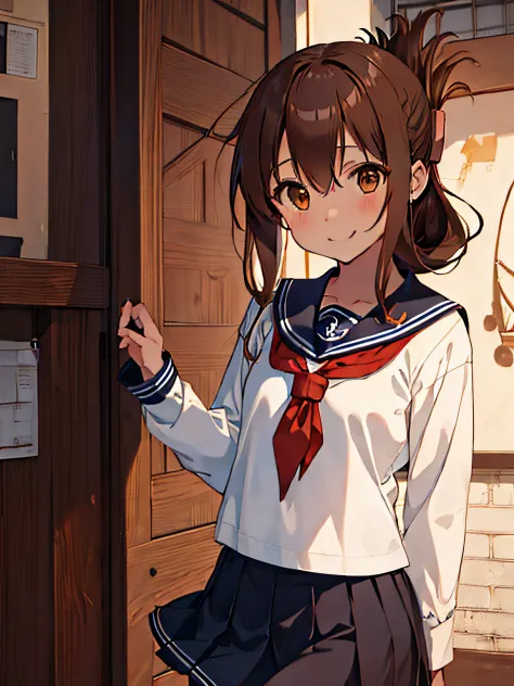 best quality, masutepiece, hight resolution, solo, {inazuma_kantai collection:1.15}, brown_hair, folded_ponytail, brown_eyes, se...