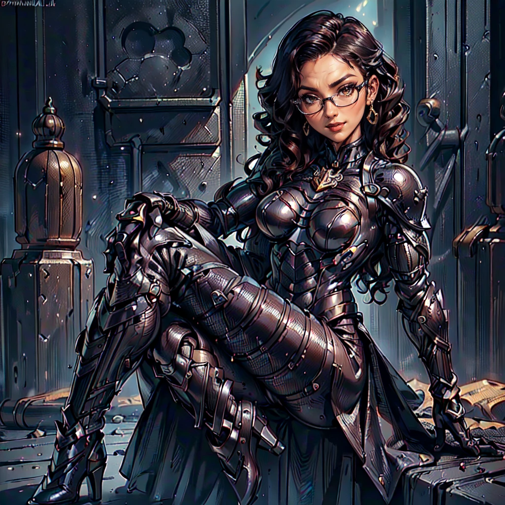 (CristinaBellaQuiron woman), dynamic pose, ((full body)), ((Black matte armor, )), (masterpiece, best quality), (detailed skin:1.3, detailed face:1.3), dslr,, ( Medium hair brown, ojou curls:1.2), wearing sexy glasses, Brown eyes, Mascara, High resolution, Ultra-pointu, 16k, Masterpiece, three sided view, smile,