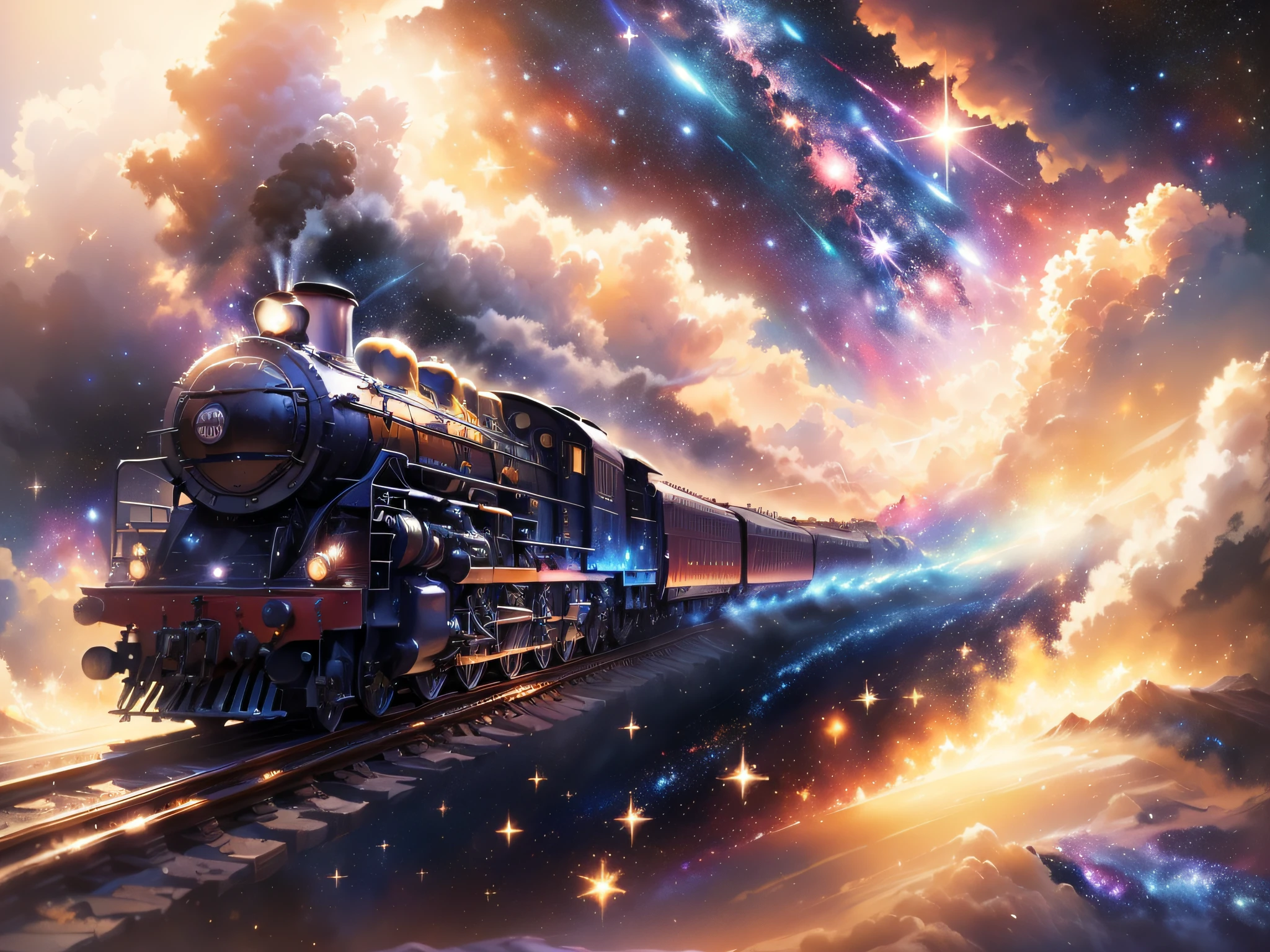 (((masutepiece))), High quality, Extremely detailed, steam locomotive running in space, Galaxy Railway, spaces, (galaxies background:1.2), superfine illustration, (((water painting))), realphoto, line-drawing, Approaching perfection, Insanely detailed, Concept art, epicd, Cinematic,