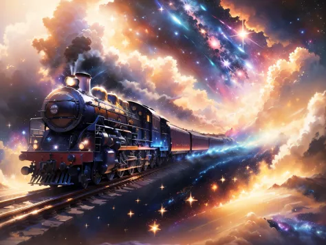 (((masutepiece))), High quality, Extremely detailed, steam locomotive running in space, Galaxy Railway, spaces, (galaxies backgr...