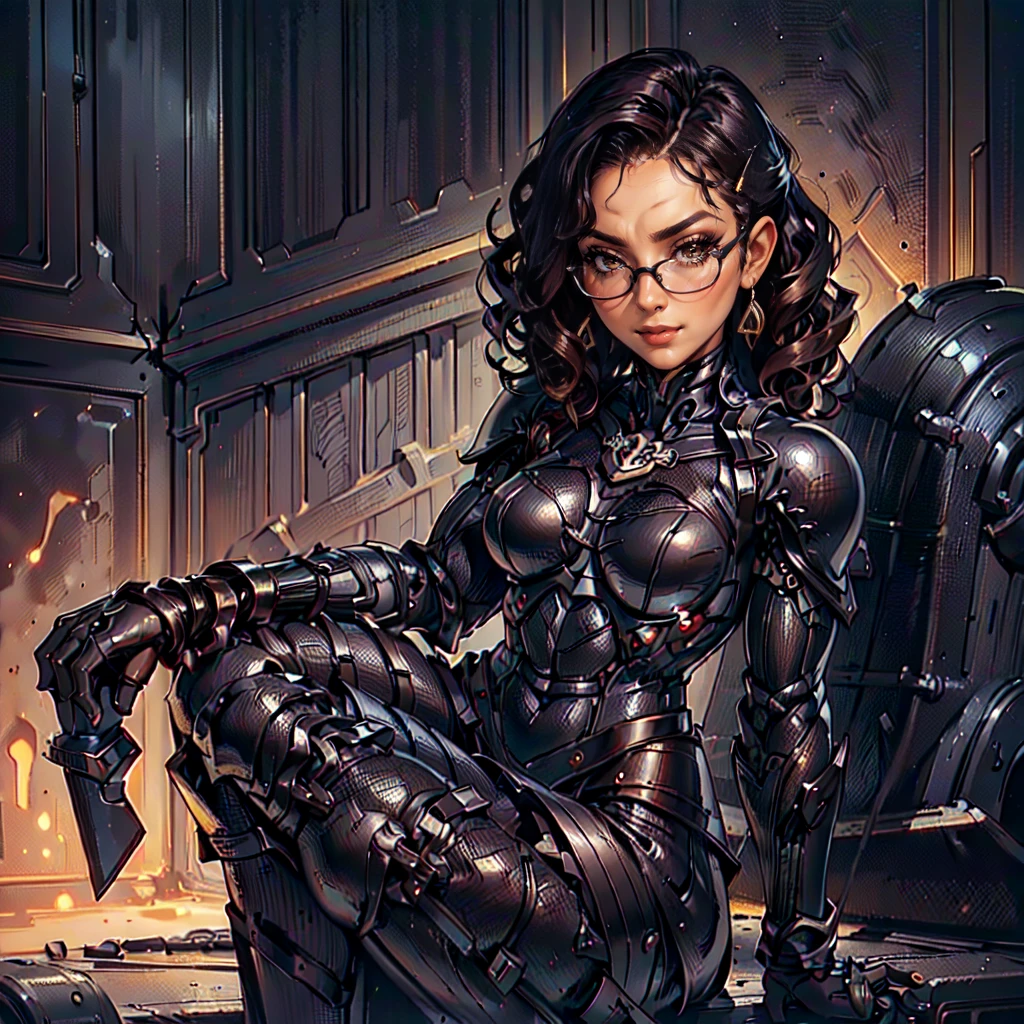 (CristinaBellaQuiron woman), dynamic pose, ((full body)), ((Black matte armor, )), (masterpiece, best quality), (detailed skin:1.3, detailed face:1.3), dslr,, ( Medium hair brown, ojou curls:1.2), wearing sexy glasses, Brown eyes, Mascara, High resolution, Ultra-pointu, 16k, Masterpiece, from side, smile,