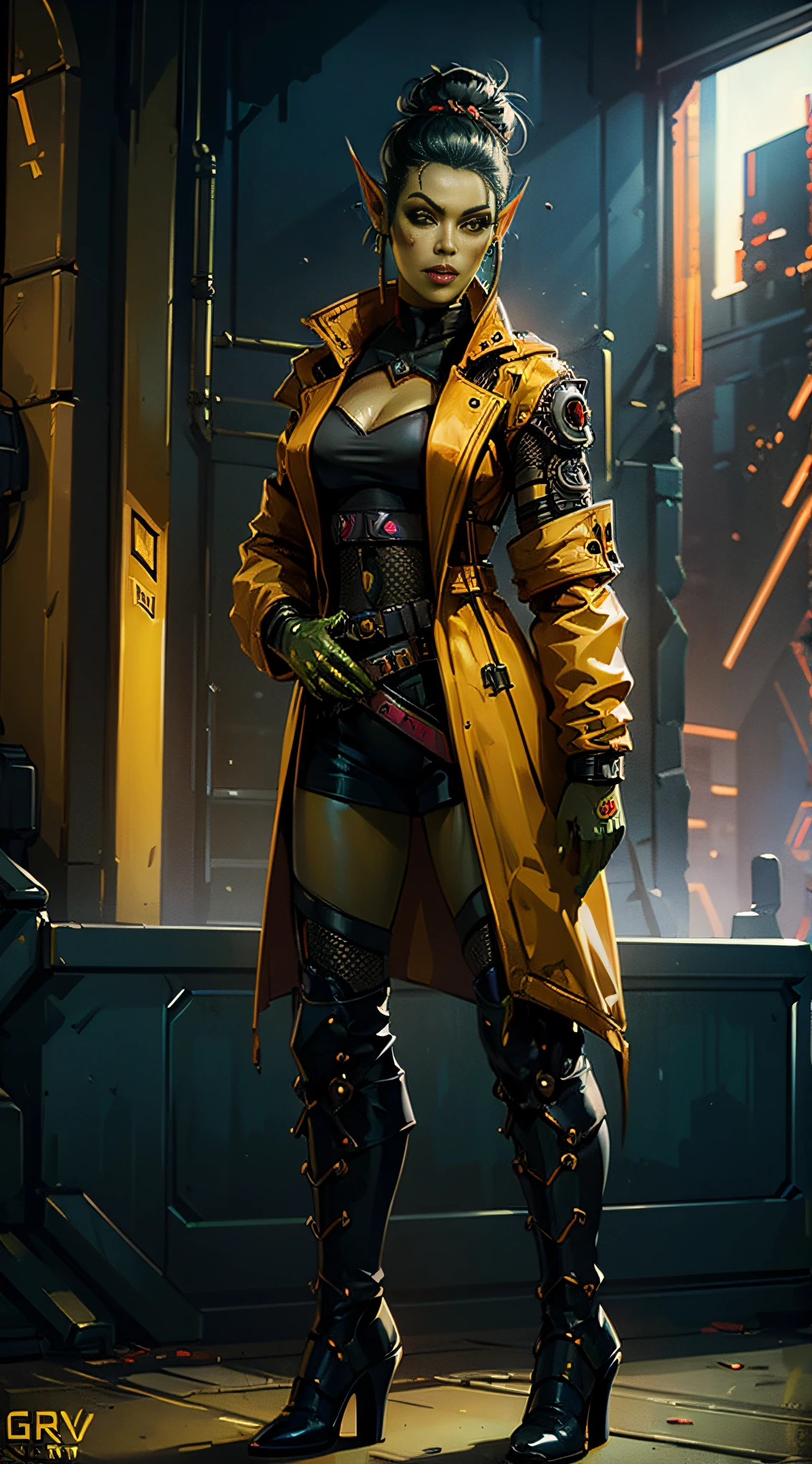 1girl, sexy githyanki, (green skin:1.4), cyberpunk, black short hair bun, orange eyes, pointy ears, (cyberpunk yellow coat:1.3), (cyberpunk high boots on heels:1.2), (cyberpunk sunglasses), belt, case, medium breasts, athletic, cyberpunk busy street, red lipstick, eyeliner, highly detailed face and eyes, (sunlight), (midday), best quality, masterpiece, realistic, anatomically correct, stunning details, intricate details, 8k post-production, high resolution, super details, trending on ArtStation, sharp focus, depth of field f/1.8, studio photos