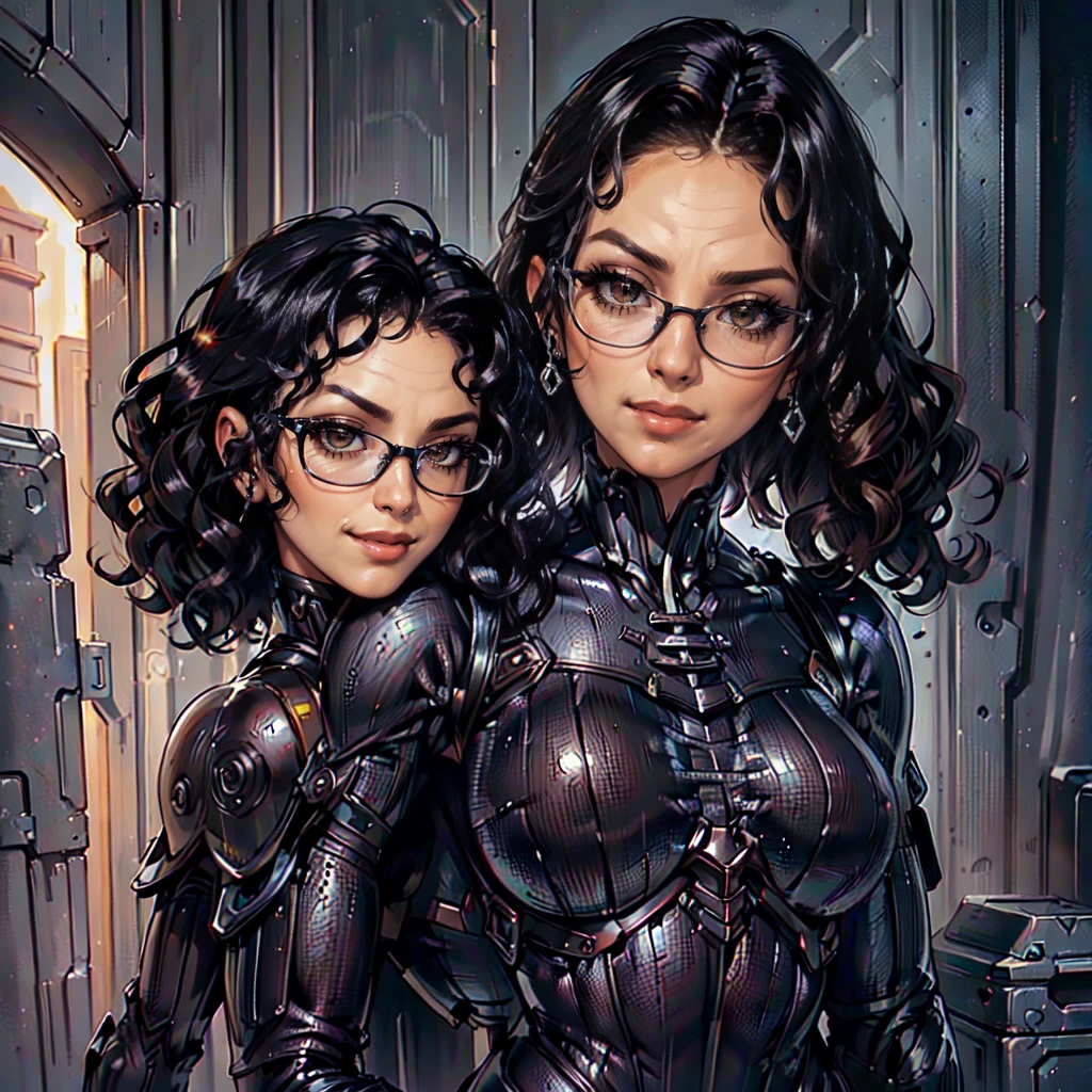 (CristinaBellaQuiron woman), dynamic pose, ((full body)), ((Black matte armor, )), (masterpiece, best quality), (detailed skin:1.3, detailed face:1.3), dslr,, ( Medium hair brown, ojou curls:1.2), wearing sexy glasses, Brown eyes, Mascara, High resolution, Ultra-pointu, 16k, Masterpiece, from behind, smile,