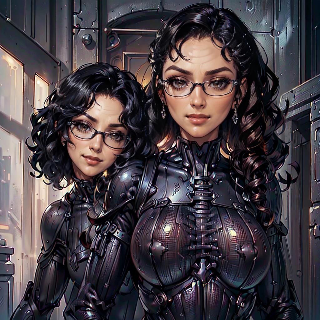 (CristinaBellaQuiron woman), dynamic pose, ((full body)), ((Black matte armor, )), (masterpiece, best quality), (detailed skin:1.3, detailed face:1.3), dslr,, ( Medium hair brown, ojou curls:1.2), wearing sexy glasses, Brown eyes, Mascara, High resolution, Ultra-pointu, 16k, Masterpiece, from behind, smile,