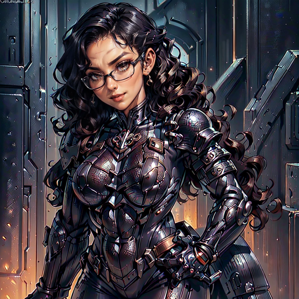 (CristinaBellaQuiron woman), dynamic pose, ((full body)), ((Black matte armor, )), (masterpiece, best quality), (detailed skin:1.3, detailed face:1.3), dslr,, ( Medium hair brown, ojou curls:1.2), wearing sexy glasses, Brown eyes, Mascara, High resolution, Ultra-pointu, 16k, Masterpiece, from behind, smile,