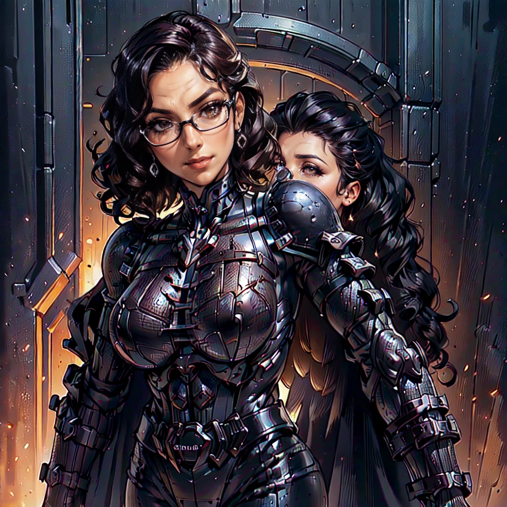 (CristinaBellaQuiron woman), dynamic pose, ((full body)), ((Black matte armor, )), (masterpiece, best quality), (detailed skin:1.3, detailed face:1.3), dslr,, ( Medium hair brown, ojou curls:1.2), wearing sexy glasses, Brown eyes, Mascara, High resolution, Ultra-pointu, 16k, Masterpiece, from behind, smile,