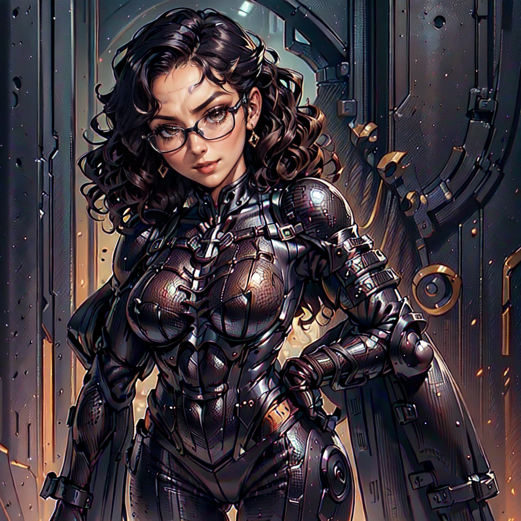 (CristinaBellaQuiron woman), dynamic pose, ((full body)), ((Black matte armor, )), (masterpiece, best quality), (detailed skin:1.3, detailed face:1.3), dslr,, ( Medium hair brown, ojou curls:1.2), wearing sexy glasses, Brown eyes, Mascara, High resolution, Ultra-pointu, 16k, Masterpiece, from behind, smile,