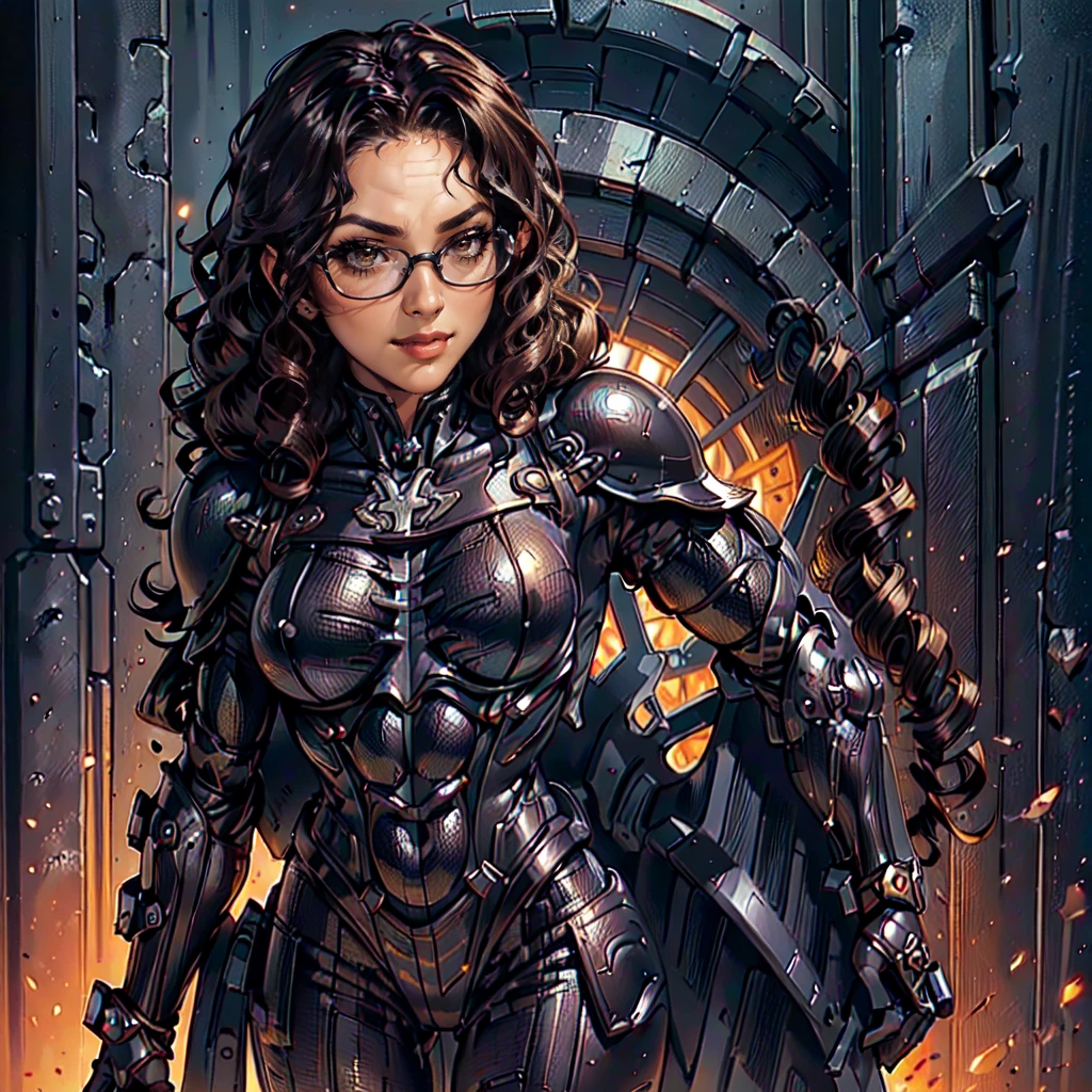 (CristinaBellaQuiron woman), dynamic pose, ((full body)), ((Black matte armor, )), (masterpiece, best quality), (detailed skin:1.3, detailed face:1.3), dslr,, ( Medium hair brown, ojou curls:1.2), wearing sexy glasses, Brown eyes, Mascara, High resolution, Ultra-pointu, 16k, Masterpiece, from behind, smile,