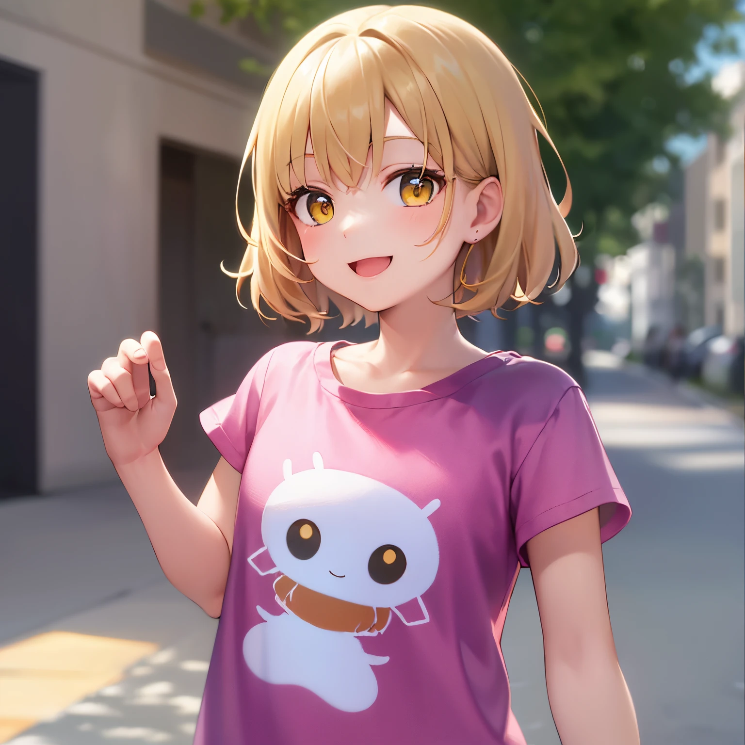 ​masterpiece、hightquality、(blonde short hair, yellow  eyes)、5-year-old girl、child, (Alone:1.5)、Wearing a pink T-shirt、Hands raised、The upper body of the subject is shown、(Smiling expression:1.1)、Bold composition、The background is a park