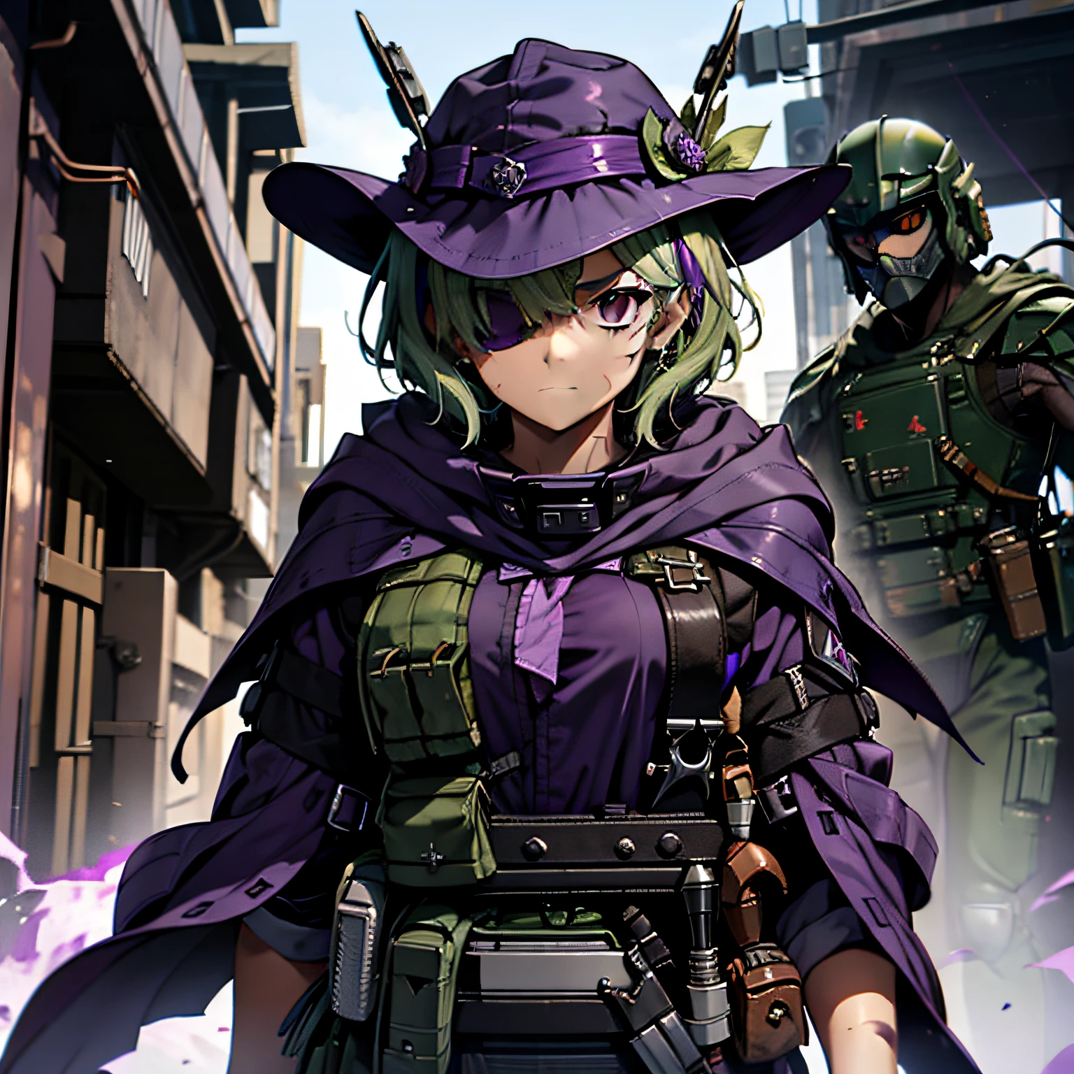 top-quality、extremely delicate and beautiful、(A teenage girl)、Purple Eye、Green hair、short-haired、(purple witch hat)、Purple tie、Soio、shortsleeves、Purple skirt、Tactical Vest,Purple Wizard Robe、Have an M4 assault rifle、Navel、is standing、Facing the front、Expression of hatred、Dark background、Only eyes、（One-eye hide）、Scar on one eye