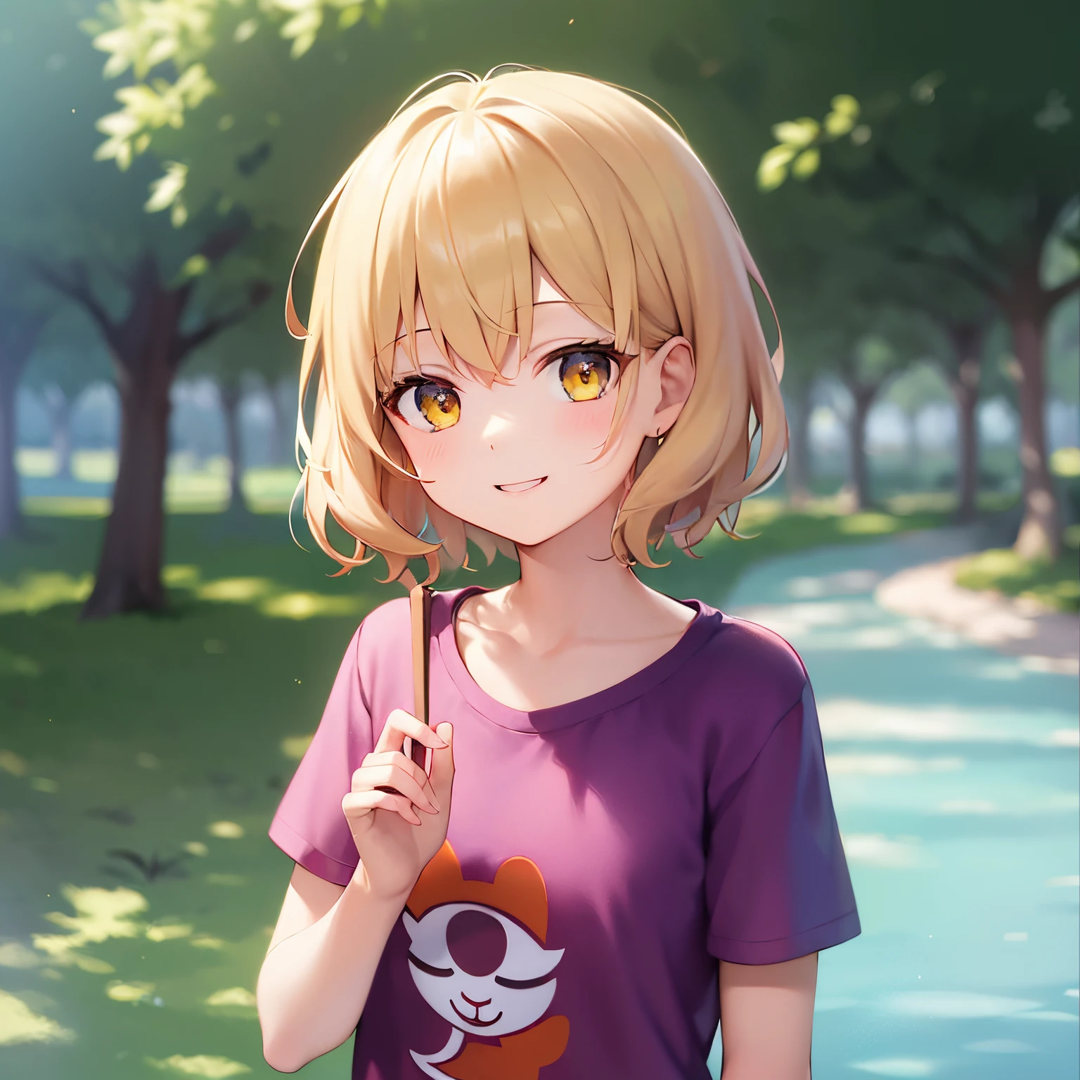 ​masterpiece、hightquality、(blonde short hair, yellow  eyes)、5-year-old girl、(Alone:1.5)、Wearing a pink T-shirt、Hands raised、The upper body of the subject is shown、(Smiling expression:1.1)、Bold composition、The background is a park