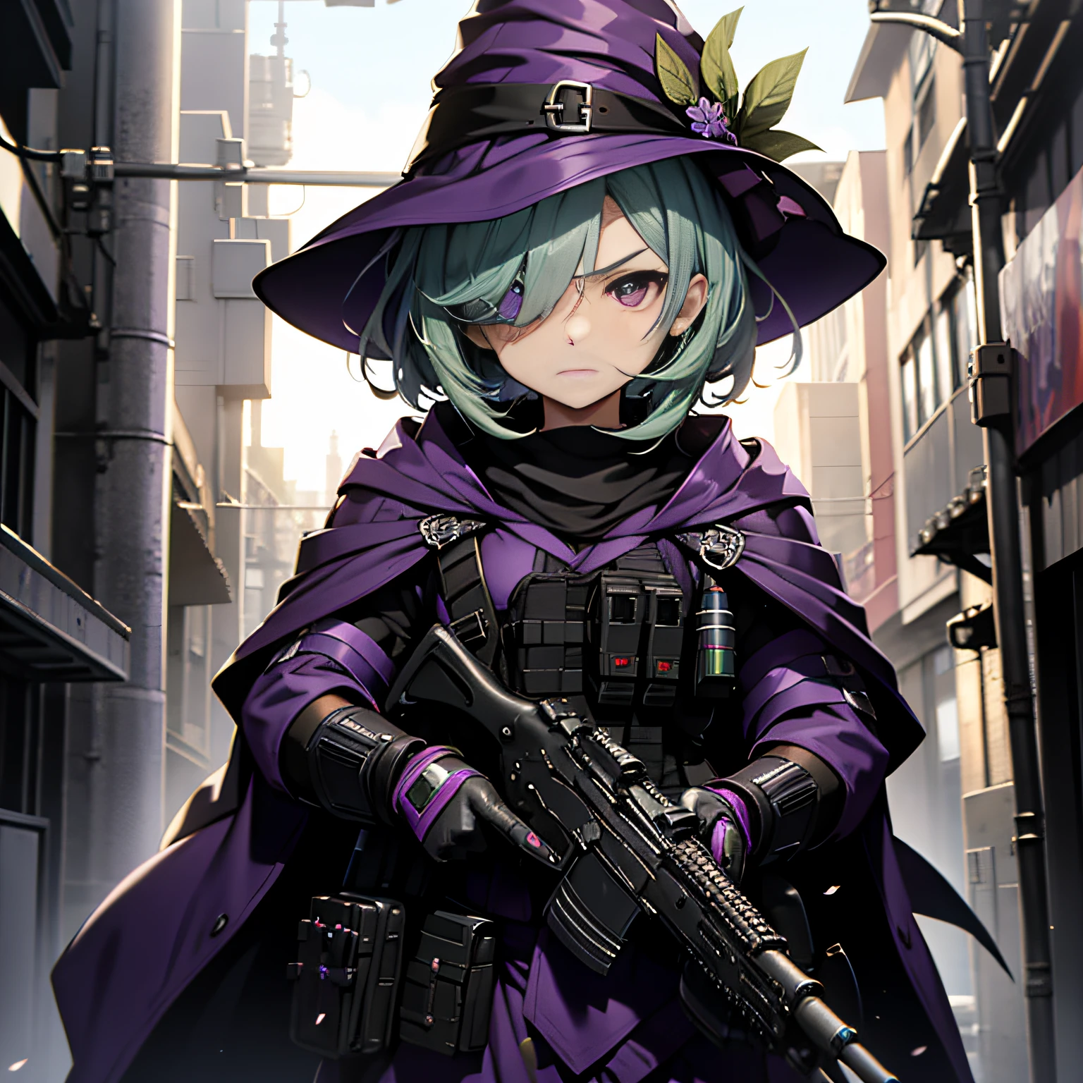 top-quality、extremely delicate and beautiful、(A teenage girl)、Purple Eye、Green hair、short-haired、(purple witch hat)、Purple tie、Soio、shortsleeves、Purple skirt、Tactical Vest,Purple Wizard Robe、(He has an M4 assault rifle in both hands.)、Navel、is standing、Facing the front、Expression of hatred、Dark background、Only eyes、（One-eye hide）、Scar on one eye