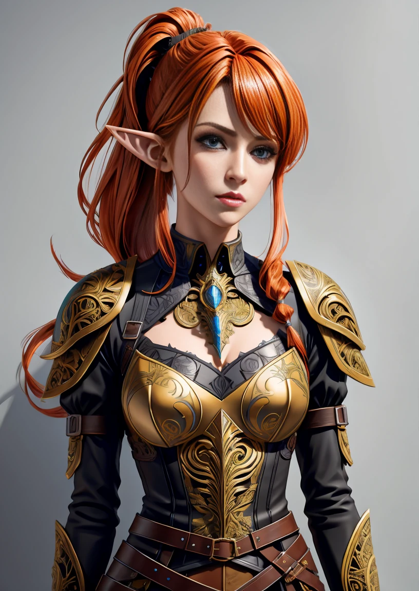 extremely detailed 8k wallpaper, Ultrarealistic, highres, masterpiece, ultra-detailed, high resolution, smooth, video game cut scene, close up, various angles, 1 young female elf warrior with a very detailed long hair, ((intricate hairstyle:1.3)), half up half down pony tail, (((ginger hair))), pale skin, wearing ripped leather armor, damaged armor, a short sword is her weapon, detailed face, focus on face, video game cut scene, smooth, Insanely detailed, (Character Concept Art), (Grey Background:1.4), (Character Sheet:1.6), Character Sketch, Stylized Digital Arts, Bits of Color, Masterpiece, Hand Drawn Sketch, (Realistic Drawing:1.4), High Detail, (Mix of Bold Dark Lines and Loose Lines), Bold Lines, Writings, Arcane Symbols, Runes, Intricate Artwork, 8k, anime, award wining, masterpiece, super detail, detailed background, anatomically correct, best quality, 16k , （tmasterpiece：1.3), extremely Clear