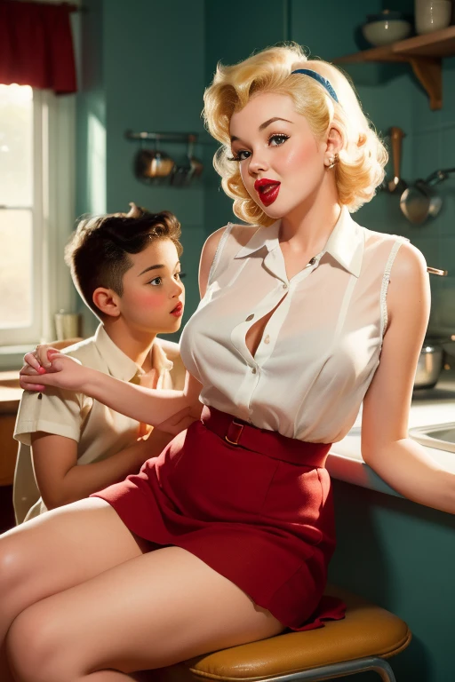 Marilyn Monroe, 28 ans, aux gros seins, avec un jeune garçon plus petit de 9 ans en train de baiser , Marilyn Monroe baise avec un garçon dans la cuisine avant l&#39;école ((S&#39;embrasser)) , lumière du matin , petit déjeuner préparé sur table , Marilyn Monroe ayant des relations sexuelles avec un petit garçon dans la cuisine avant l&#39;école devant une cuisine rétro , ancien kitchen, style pin-up rétro, Sexy, visage détaillé, main et jambes détaillées,, surpris, ancien lingerie on female, coloré , Schéma de couleurs harmonieux, hyper réaliste, réalisme photographique, chefs-d&#39;œuvre art work, illustré, portrait romantique de maman et de son fils ayant des relations sexuelles le matin, boy wearing ancien  undressing mom, fils agressant maman le matin,Fille de 20 ans assise sur la chaise, ancien,  style pin-up rétro,Sexy, bouche O, surpris, jupe haute, Jupe fluide,  coloré , chefs-d&#39;œuvre, illustré,