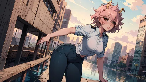 (best quality:1.3), (4k quality), 1 mature woman, Mina Ashido by boku no hero, ((Detailed face)), (blush), city, (pants leather)