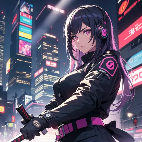 ninja, cyberpunk city background, 1 woman, holding a katana, night, black uniform, katana emanating a black aura with purple, ba...