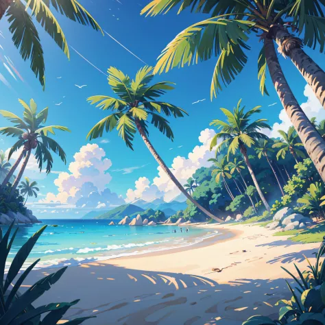 (illustrations : 1.0), Epic composition, photorealistic lighting, HD detail, ​masterpiece, Best quality at best, (Highly detailed CG integrated 8k wallpaper) , blue sky, blue ocean, The sea seen from the coastal forest, palm tree in the middle of the scree...