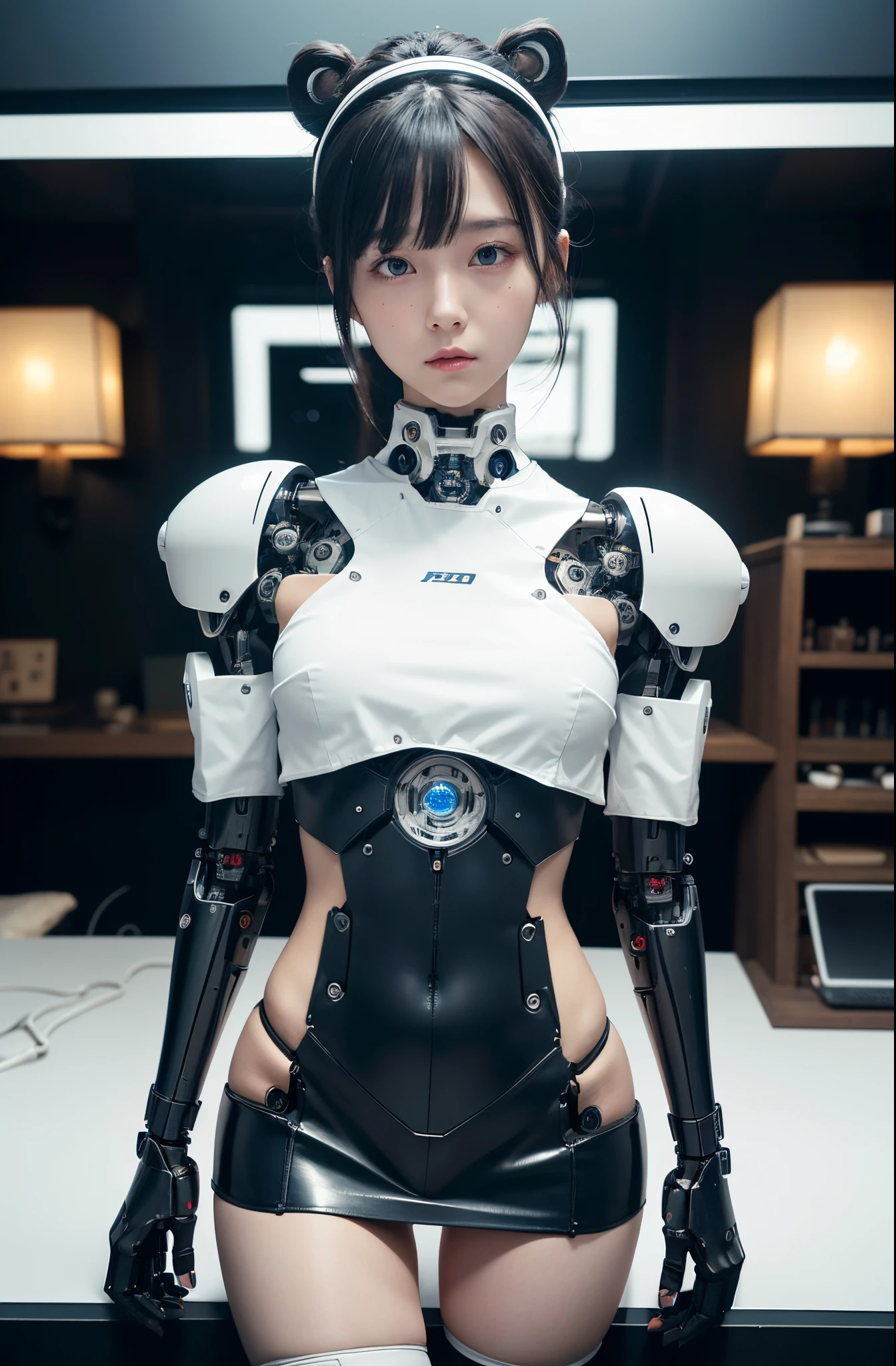 masutepiece, Best Quality, Extremely detailed, (Photorealistic:1.4),(Raw photo) (8K, 4K, Best Quality, hight resolution, 超A high resolution:1.1), (masutepiece, Realistic, Photorealsitic:1.1), 1girl in, Japaese Cyborg highschool Girl,Plump ,Navy Pleated Mini Skirt,Black tights,control panels,android,Droid,Mechanical Hand, ,Robot arms and legs, Black Robot Parts,Black hair,Mechanical body,Blunt bangs,White abdomen,White Robotics Parts,perfect robot woman,The laboratory of the future,cyberpunked,Charging spot,android factory,Robot Factory,cyborg factory,Long Tube,A thick cable connects her neck,ceramic body ,complete eyes,Striking eyes,Mechanical body, head antenna,lod antenna on the head,mechanical ear covers,android,robot humanoid,japanese shighchool girl uniform