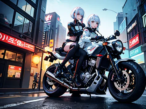 cyberpunked、girl with２a person、mechanic、comical、Anime style、white  hair、motor bikes、leather jackets、punk coloring、sity、nightcity...