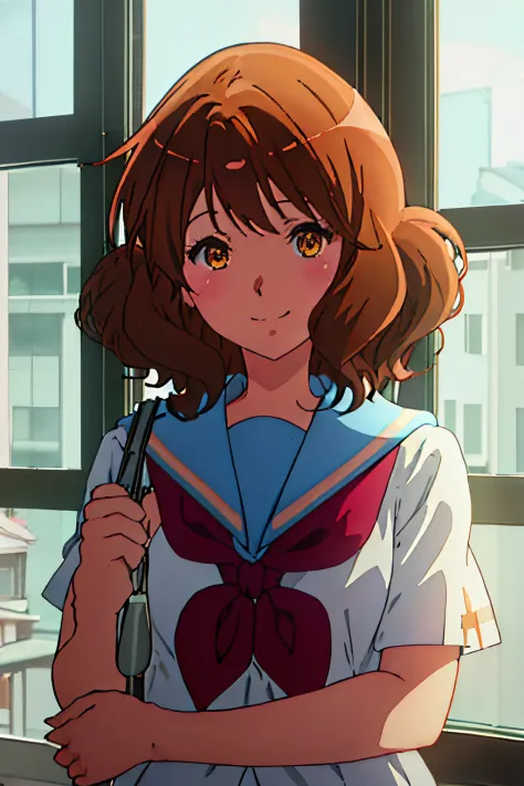 best quality, masterpiece, highres, solo, {oumae_kumiko_soundeuphonium:1.15}, brown_hair, short_hair, brown_eyes, blush, serafuk...